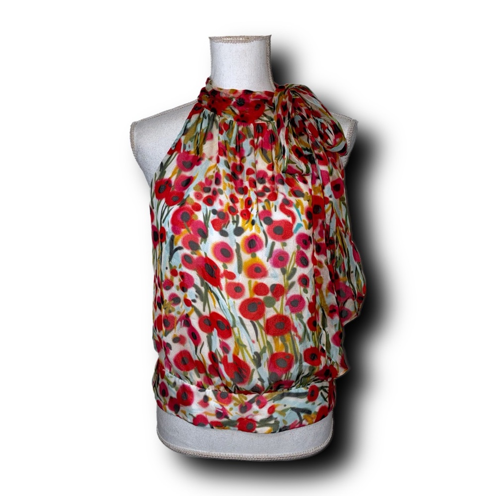 100% Silk Milly of New York Floral Halter Neck Sleeveless Blouse Watercolor Art